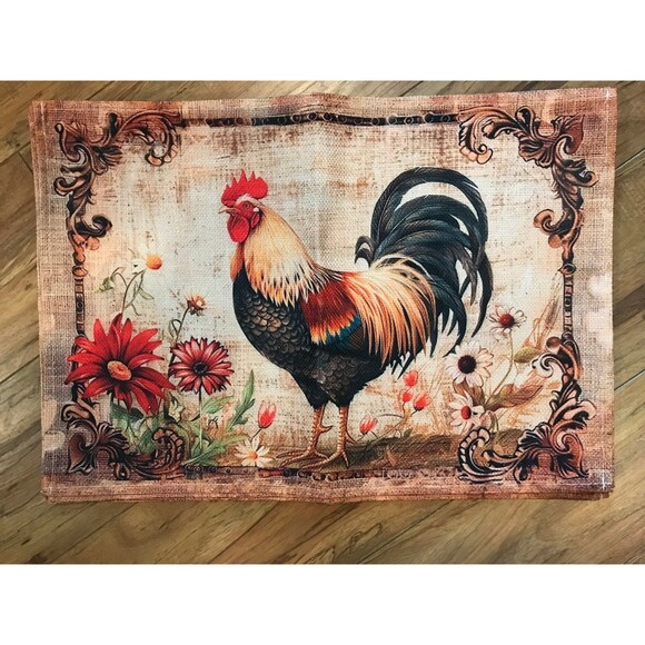 Set of 6 Placemats 12x18in Chicken Floral Woven Polyester - Picture 1 of 1